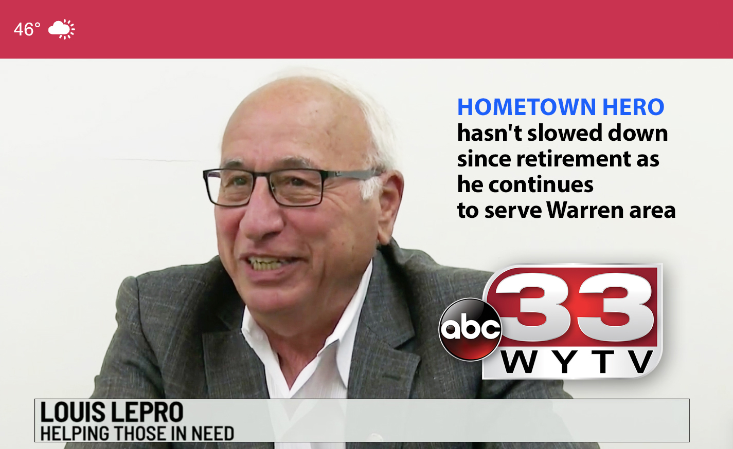 ABC 33 WYTV news video thumbnail featuring a Hometown Hero segment on Louis Lepro, an SVdP volunteer who continues helping those in need in the Warren area after retirement, representing the dedicated Vincentian members of the Society of St. Vincent de Paul Northeast Ohio.