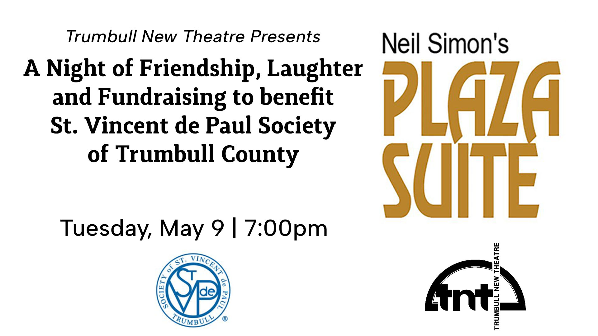 Promotional banner for Trumbull New Theatre's production of Neil Simon's Plaza Suite on Tuesday May 9 at 7pm, a fundraising event benefiting the Society of St. Vincent de Paul of Trumbull County in Northeast Ohio.