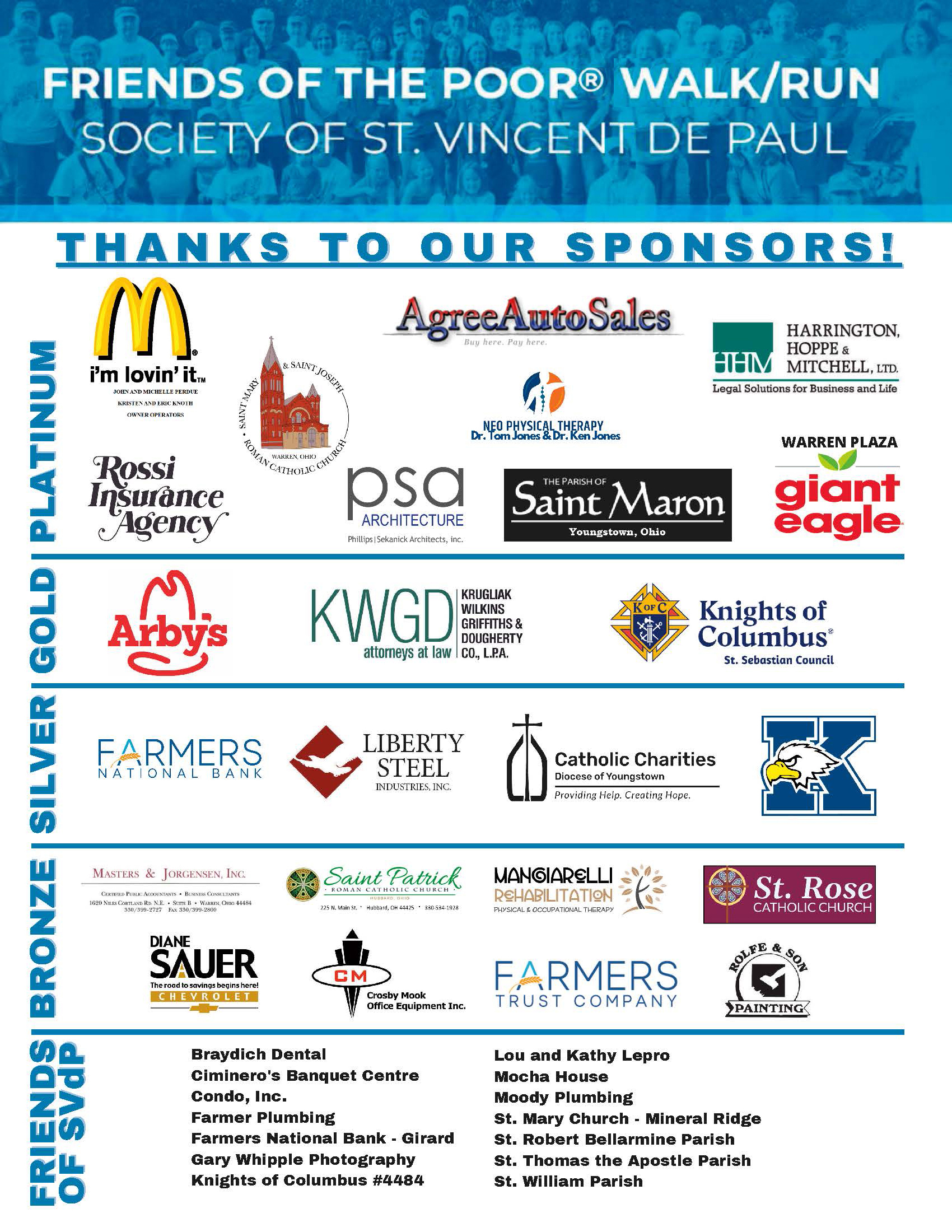 List of sponsors for the friends of the poor walk and run society of saint vincent de paul.