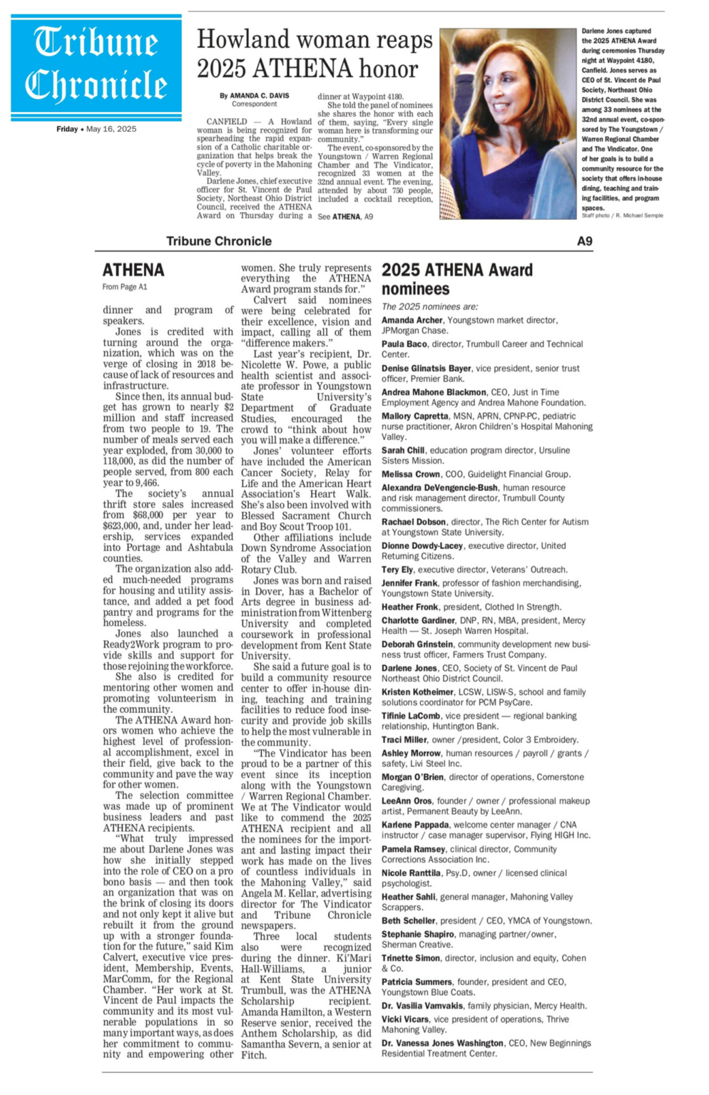 Tribune Chronicle Article about Darlene Jones winning the ATHENA award.