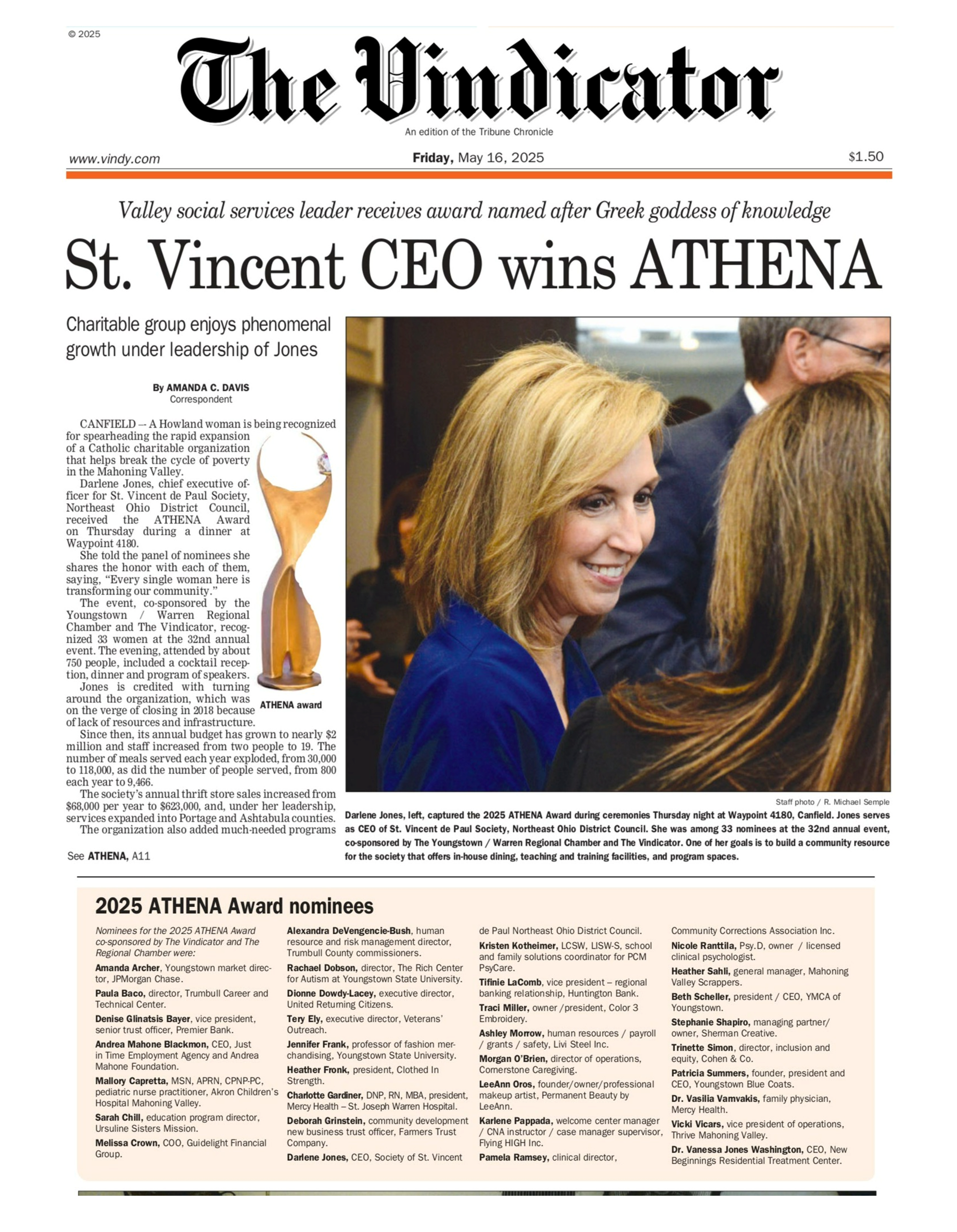 The Vindicator Article about SVdp CEO winning the ATHENA Award