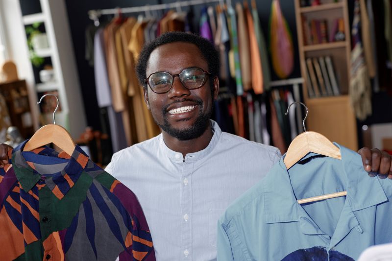 Man wearing glasses, smiling holding shirts on hangers